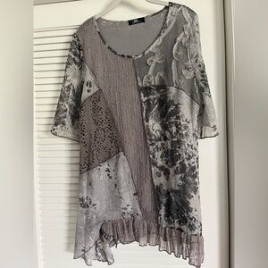 Boho mixed media tunic ,greys,taupe and white colors .Langenlook,  art-to-wear